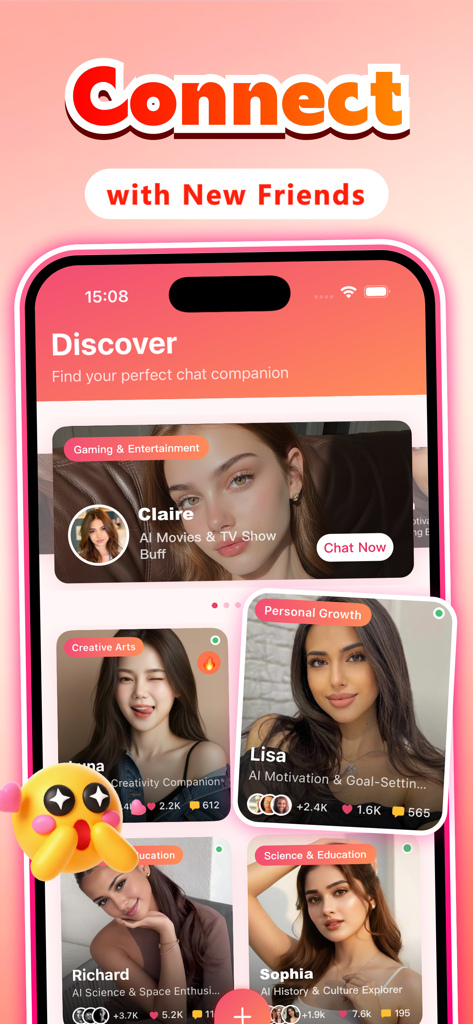 Zella - Chat & Match - A tela Discover do aplicativo Zella exibindo diferentes personagens de IA para bate-papo e companhia