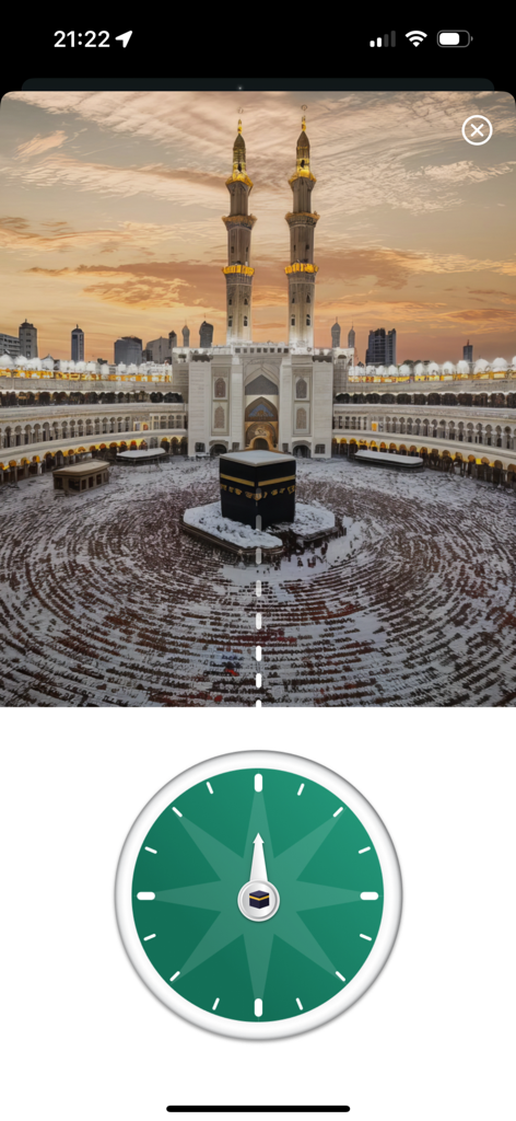 Islam.Global - Qibla compass feature in the Islam Global app showing direction to the Kaaba in Mecca