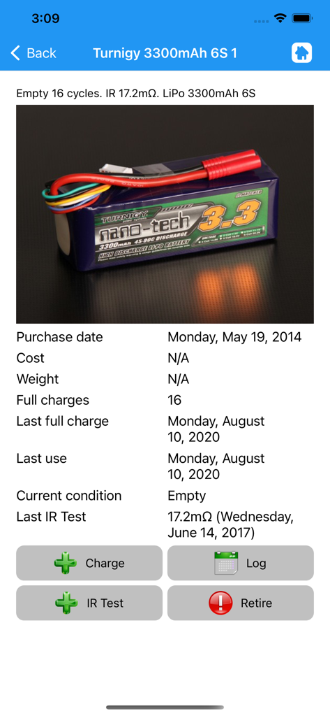 RC Flight and Battery Log - Detail view of an RC battery showing charge cycles and internal resistance tracking