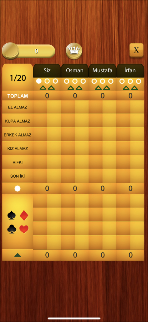 King HD - A scoreboard from the King HD mobile card game showing player scores and game categories on a wooden texture background.