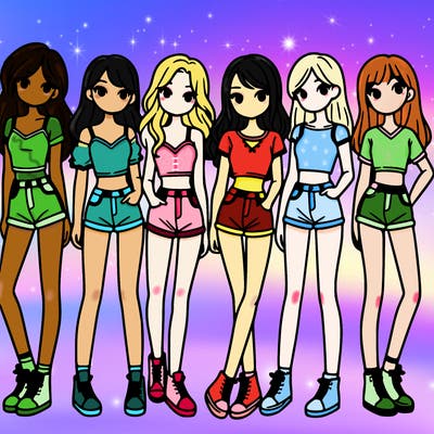 a group of girls wearing crop tops and shorts
