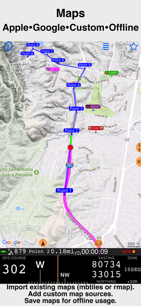 Compass 55 professional navigation map with technical GPS coordinates