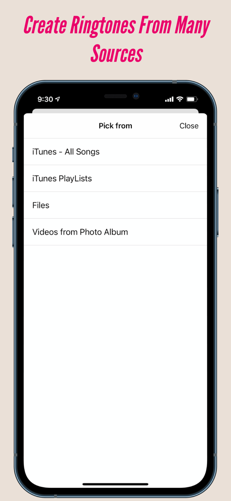 MusicToRingtoneアプリのソース選択画面。iTunesの曲、プレイリスト、ローカルファイル、フォトアルバムからの動画など、オーディオをインポートするためのソースのリストが表示されています。