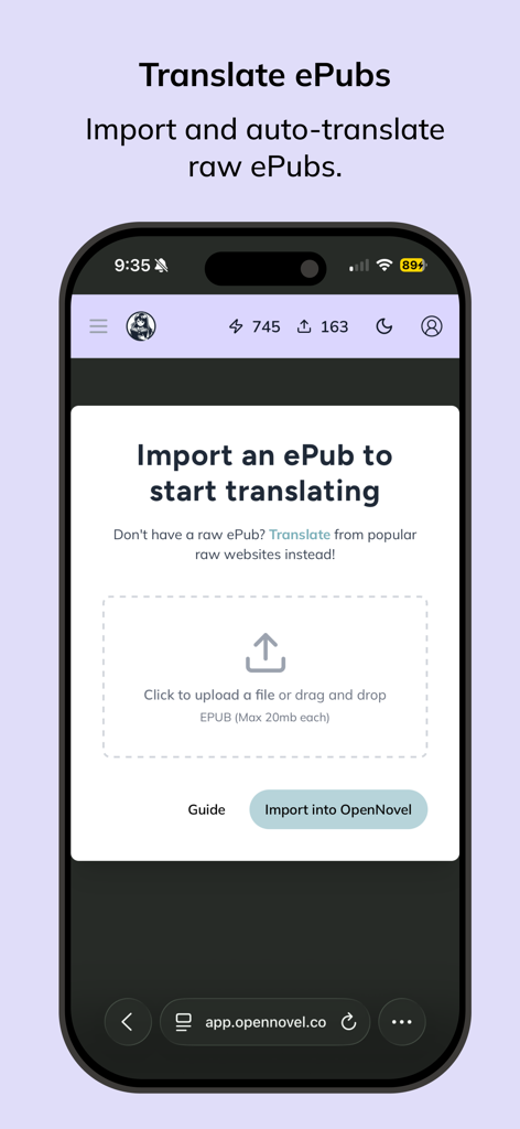 Interface of the OpenNovel app showing the screen to import and auto translate raw ePub files