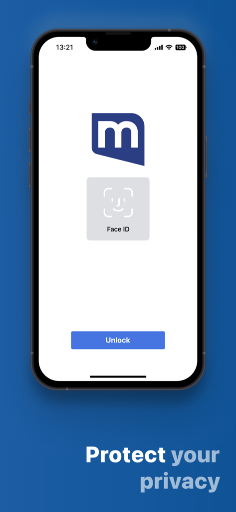 A tela do aplicativo mail.com com autenticação biométrica por Face ID para proteger a privacidade do usuário.