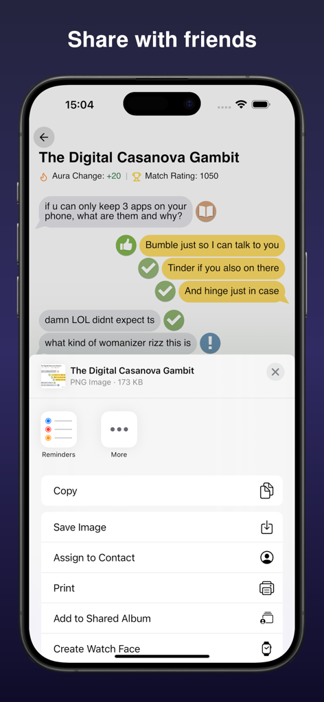 Ranked Rizz - Tela do aplicativo Ranked Rizz mostrando um relatório compartilhável de análise de chat de namoro com pontuações de aura e match