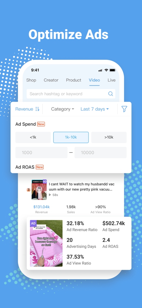 Kalodata - Kalodata-App-Oberfläche, die TikTok-Werbeleistungsanalysen anzeigt, einschließlich Werbeausgaben, ROAS und Umsatzmetriken