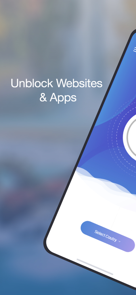 Fast VPN app interface displaying the option to unblock websites and apps with a country selector