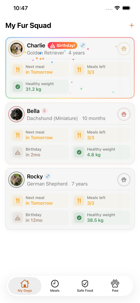 Dashboard of the Feed My Dog app displaying multiple dog profiles with meal and weight tracking details