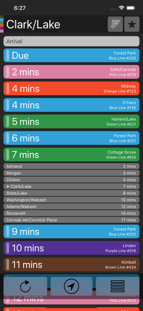 QuickTrain - QuickTrain app interface showing real-time Chicago CTA train arrival estimates and line colors