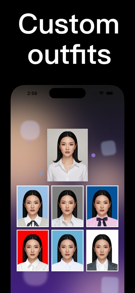Passport Photo · ID Photo App - 여권 사진용 다양한 AI 생성 전문 의상 및 배경색을 보여주는 앱 인터페이스