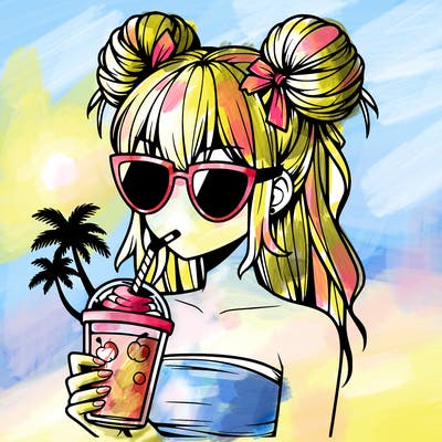 à manga girl with 2 hairbuns, palmtree shapes sunglasses and drinking a smoothy