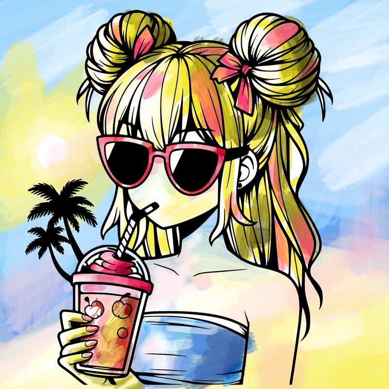 à manga girl with 2 hairbuns, palmtree shapes sunglasses and drinking a smoothy