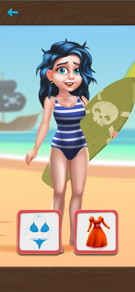Save The Pirate! Help! Escape! - A cartoon girl on a beach holding a skull surfboard with choices between a bikini and a dress.