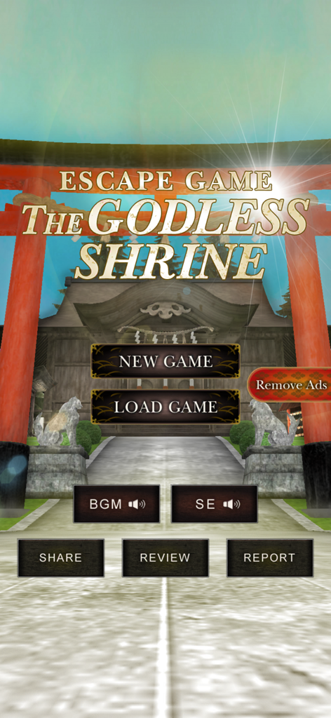 Main menu screen of Escape Game THE GODLESS SHRINE featuring a Japanese shrine and a red torii gate background