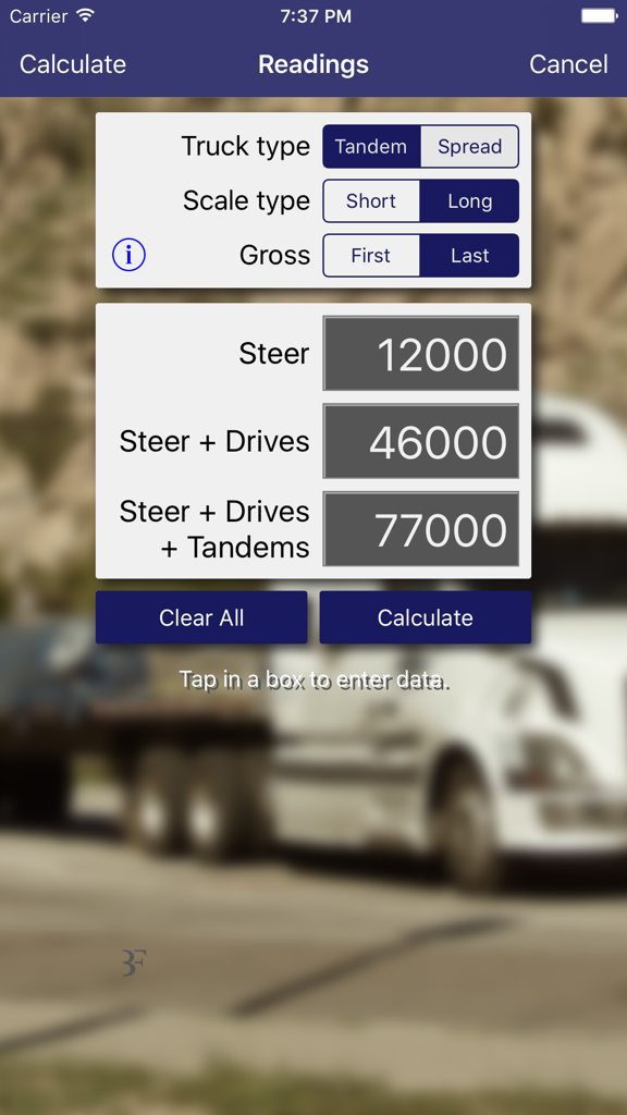 Truck Scale Calculator app showing axle weight input fields for steer and drive axles.