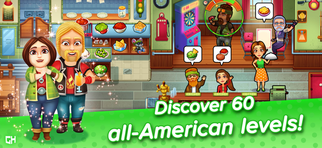 Delicious - Emily's Road Trip - Delicious Emilys Road Trip gameplay showing an American diner and levels promotion
