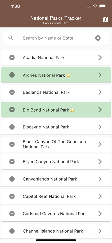 National Parks Tracker - A checklist of US National Parks in the tracker app showing visited parks highlighted in green with stars
