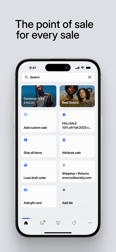 Shopify POSモバイルアプリのインターフェース。iPhoneでの販売および在庫管理のためのカスタマイズ可能な小売ダッシュボードが表示されています。