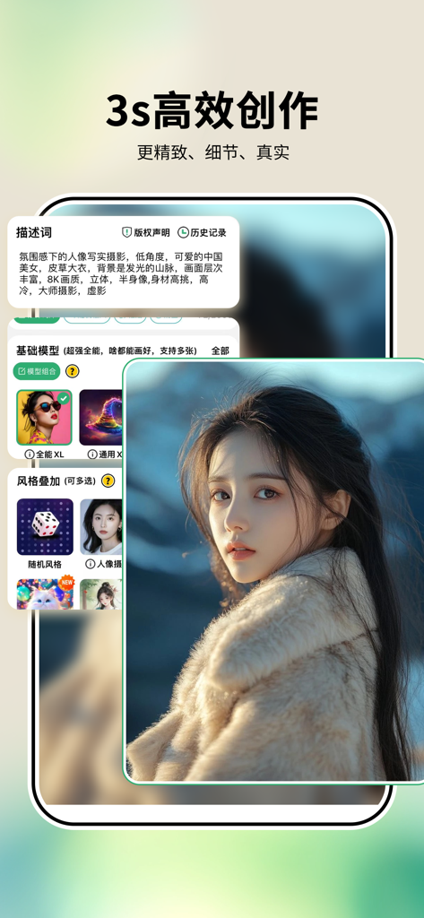 Tuqu AI app interface displaying a high quality AI generated portrait of a young woman