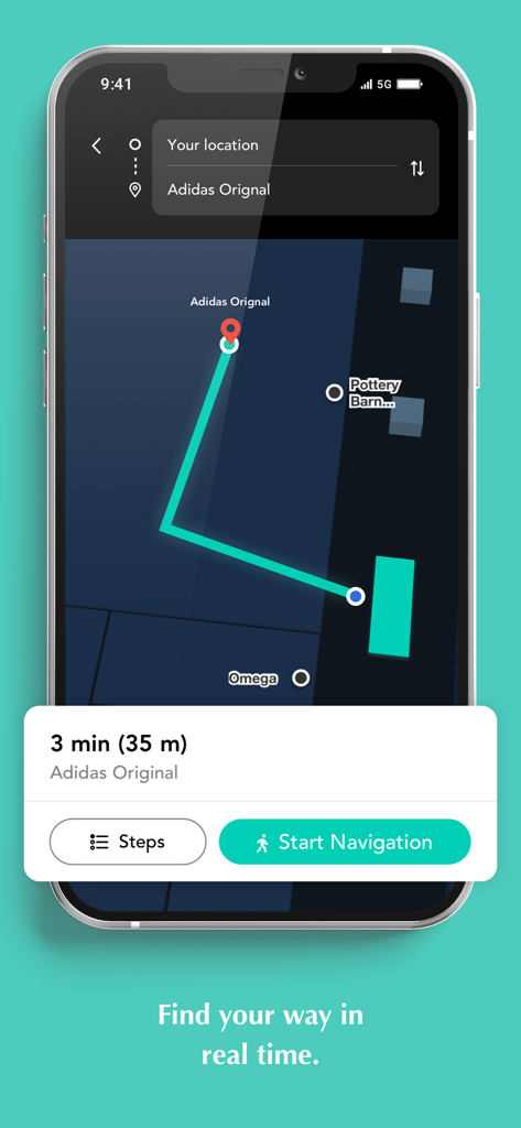 Dubai Hills Mall - 두바이 힐스 몰의 매장 실시간 실내 길찾기 및 지도 안내를 보여주는 모바일 앱 화면