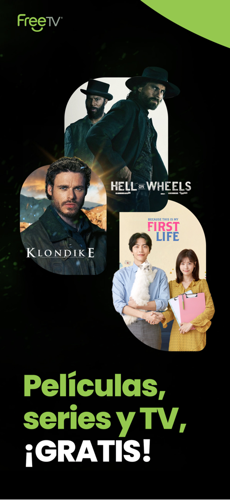 FreeTV: Movies, Shows & TV - Captura de pantalla de la aplicación FreeTV con películas como Hell on Wheels y Klondike con el texto en español Peliculas series y TV GRATIS