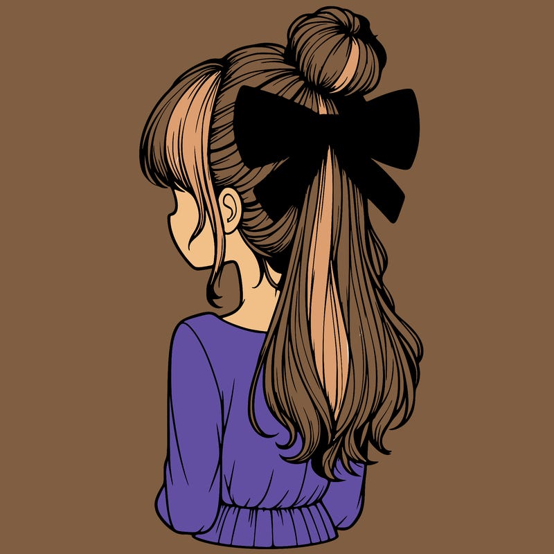 realistic girl  with hip length hair a bun and a big bow on the back of head