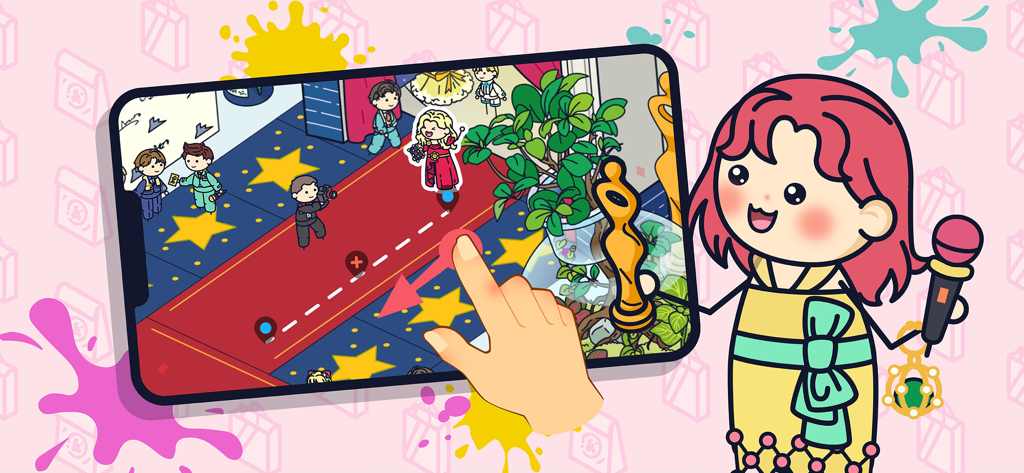 Une scène de gala sur le tapis rouge dans l'application mobile Topia City Life avec des personnages et un prix d'or