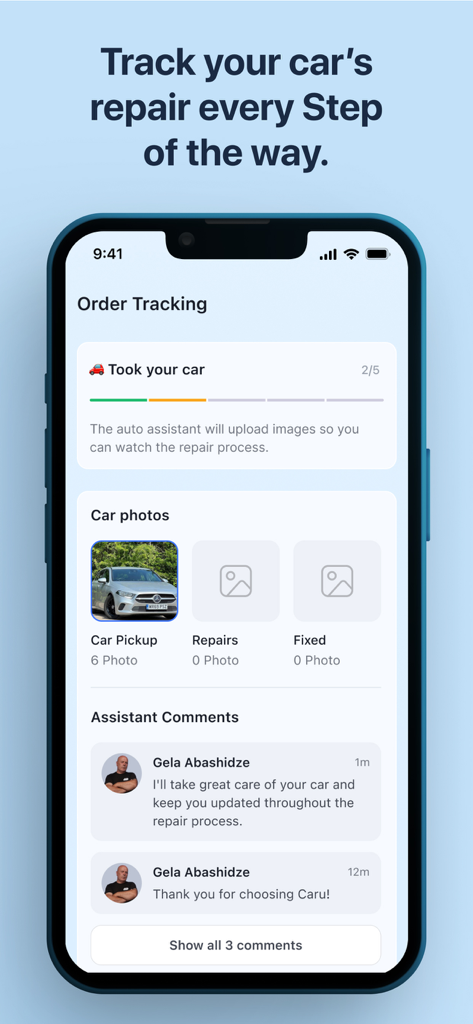 Caru.Ge - Caru app screen for tracking car repair progress with photos and assistant comments