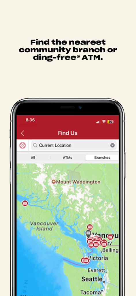 Vancity mobile app screen showing a map with locations for community branches and ding-free ATMs