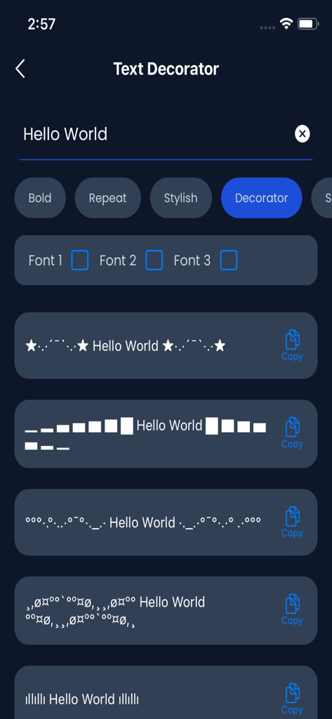 Stylish Text Generator App - Interface of the Stylish Text Generator app showing the text decorator feature with various symbol styles and copy buttons.