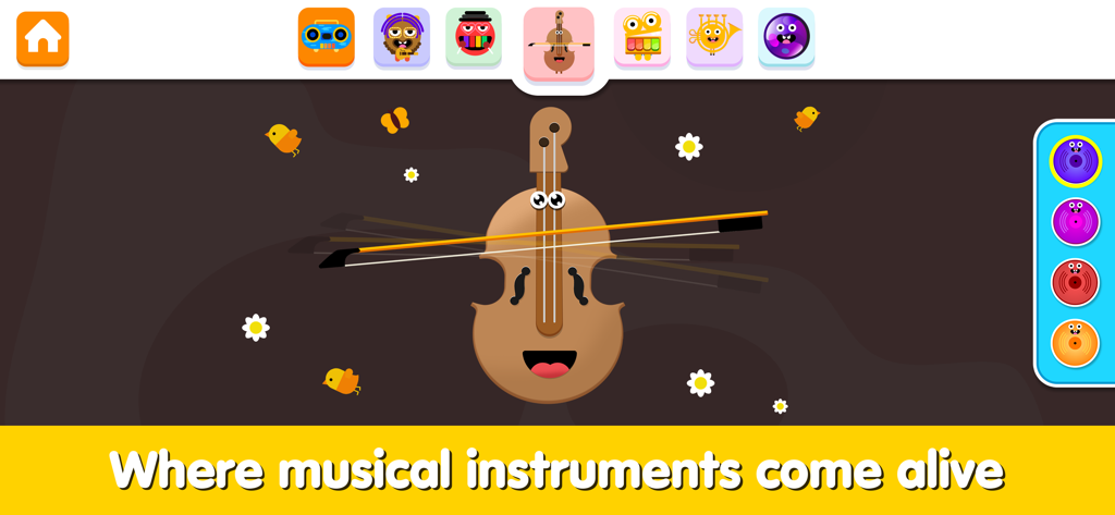 Piano Game - Music & Sounds - A friendly cartoon violin character in a colorful kids music educational game.