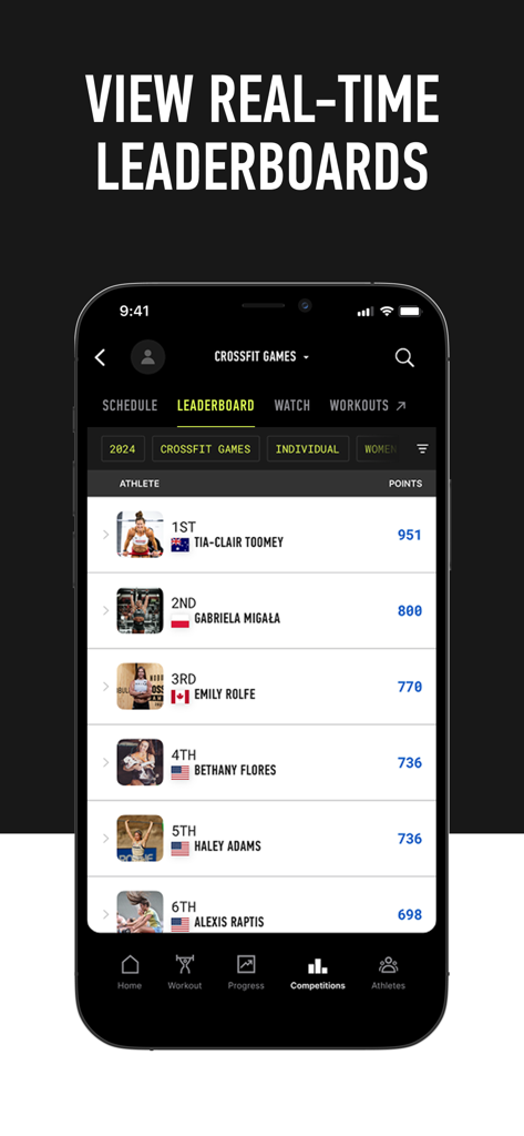 CrossFit - Uno schermo di smartphone che visualizza la classifica in tempo reale dell'app CrossFit con le posizioni degli atleti.