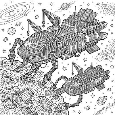 Embark on an intergalactic artistic journey with this unique coloring page featuring detailed mining barges rendered in the captivating Zentangle style. Discover futuristic space exploration vehicles adorned with intricate patterns, ready for your creative touch.