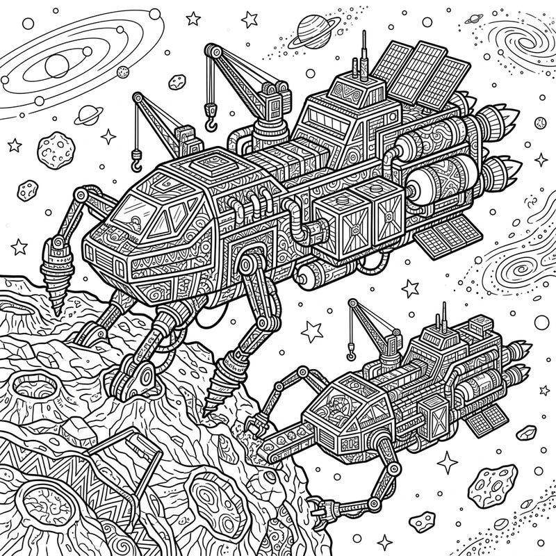 Embark on an intergalactic artistic journey with this unique coloring page featuring detailed mining barges rendered in the captivating Zentangle style. Discover futuristic space exploration vehicles adorned with intricate patterns, ready for your creative touch.
