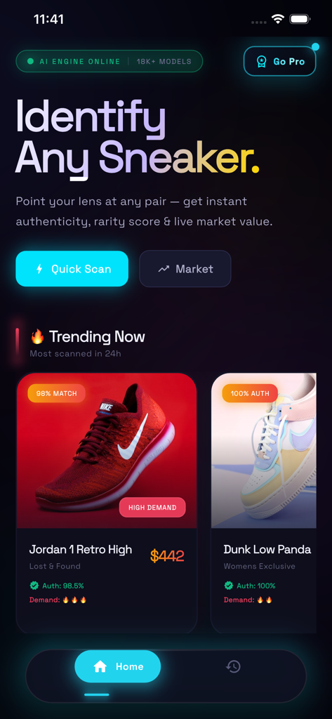 Home screen of the Sneaker Scanner app showing the AI shoe identification feature and trending sneakers with market prices