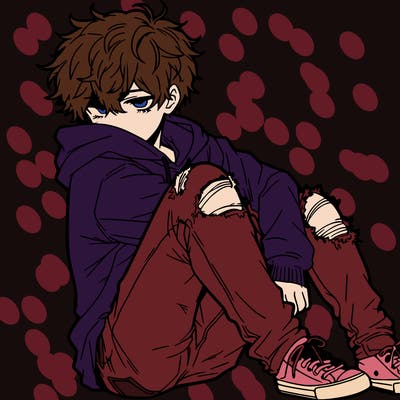 a male hoddie ripped jeans messy hair anime