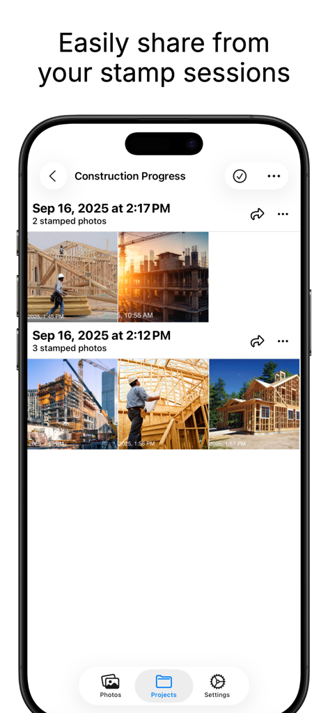 Timestamp It - Photo Stamper - Screenshot of the Timestamp It app showing construction photos organized into a project with date and time stamps.