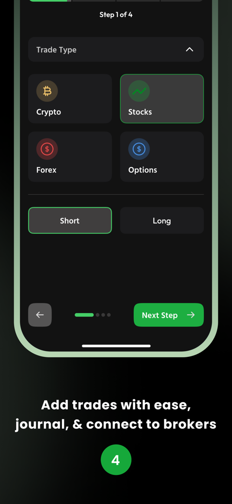 Mobile interface of AccuTrader app showing options to select trade type such as crypto stocks or forex and choosing short or long positions