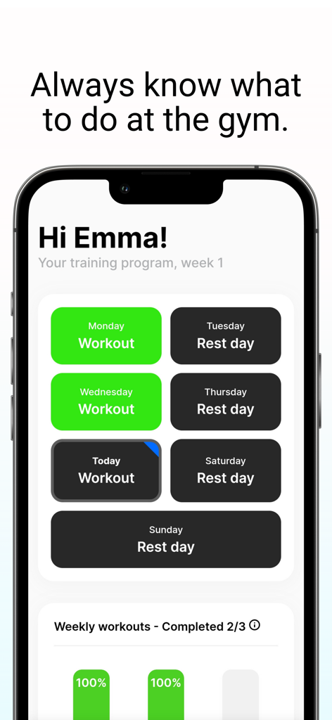 AITOFIT - Gym Workout Coach - A mobile app interface displaying a weekly training program with scheduled workout and rest days