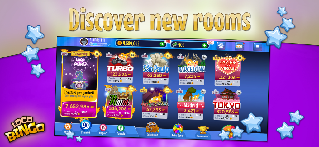 Loco Bingo & Slots Games - Screenshot of the Loco Bingo app menu showing various themed bingo rooms named after international cities like Tokyo and Madrid