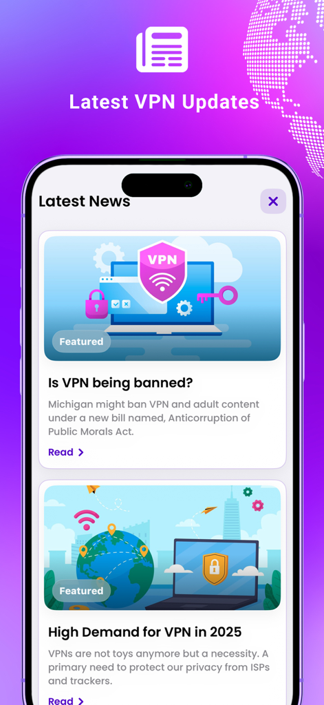 Pronto VPN – Secure, Fast VPN - Tela do aplicativo Pronto VPN exibindo as últimas notícias e atualizações sobre segurança na internet