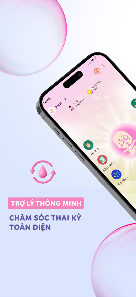 Momigo - Trợ Lý AI Của Mẹ & Bé - Interfaz de la aplicación Momigo mostrando funciones de IA para el cuidado integral del embarazo y del bebé.