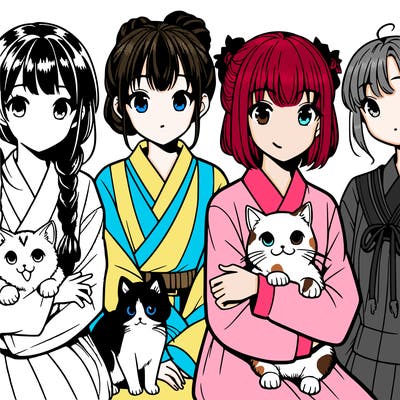 manga girls with cats