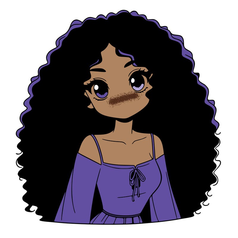 a black anime girl with long afro hair