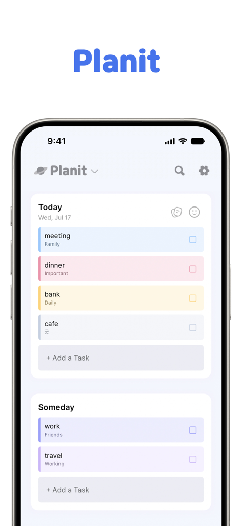 Planit - To-Do List & Calendar - Planit productivity app showing a minimalist card based todo list on an iPhone