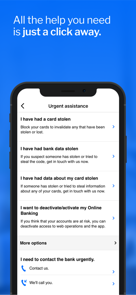Pantalla de asistencia urgente de la app Banco Sabadell con opciones para reportar tarjetas robadas y gestionar la seguridad de la cuenta
