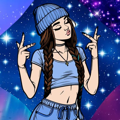 realistic teenage girl with braids and a beanie and crop top doing 🫶🏼