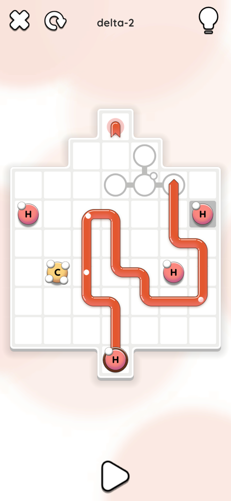 Sokobond Express - Interfaz de rompecabezas minimalista que muestra la búsqueda de rutas de enlaces químicos en una cuadrícula