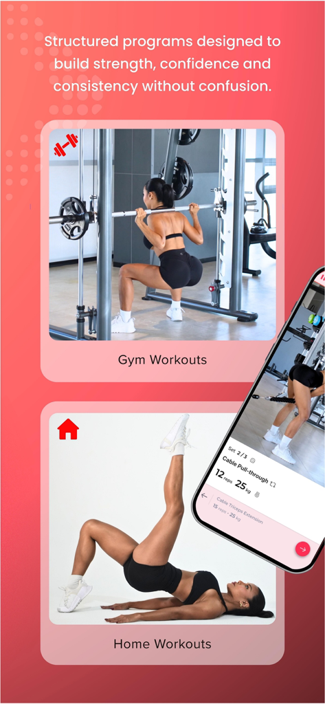 ELEV8 : Train with Structure - Interfaz de la aplicación ELEV8 que muestra programas de entrenamiento estructurados para gimnasio y casa para mujeres.